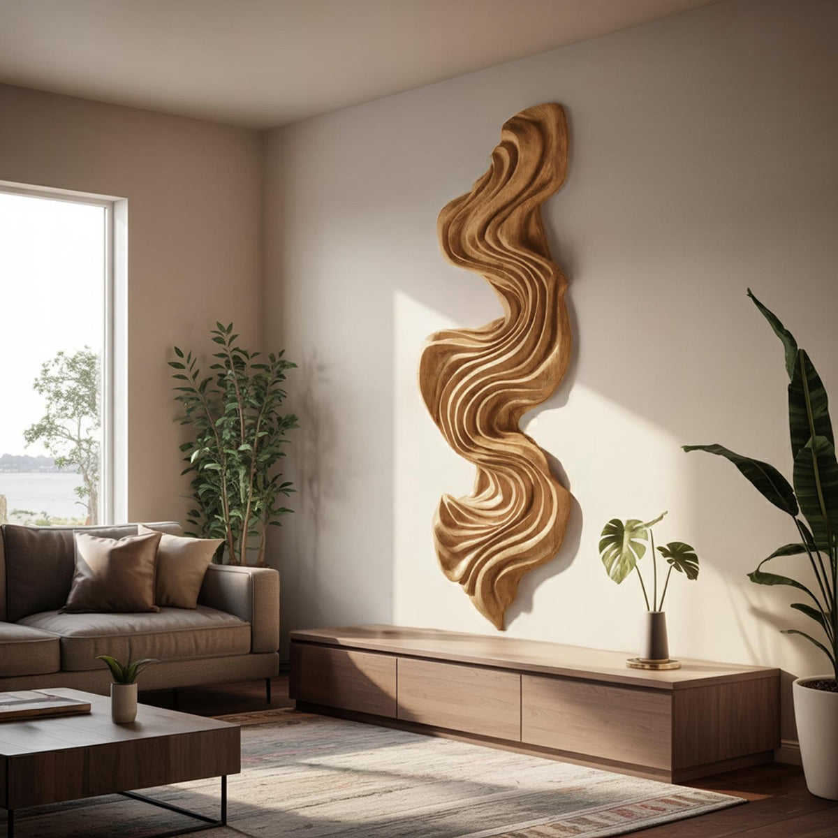 Artisan Vertical Wave Wall Sculpture, Abstract 3D Carved Wood Wall Art Panel for Living Room & Hallway