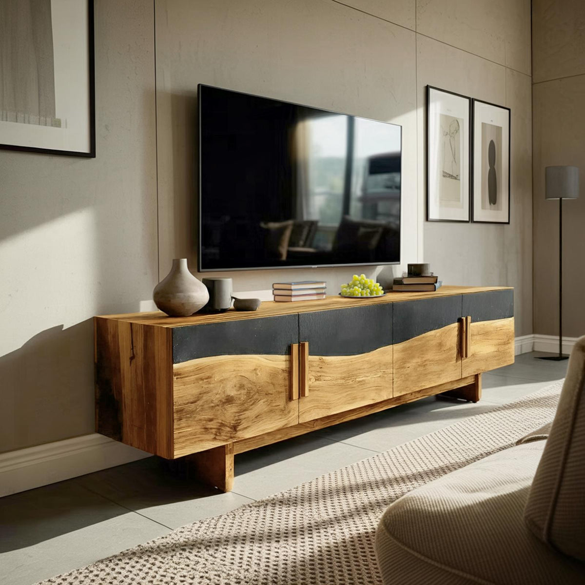Spry Interior Mid Century Natural Wood Entertainment Unit, Handcrafted TV Stand Media Console for Foyer & Living Room Decor, SILDTTNTVC114