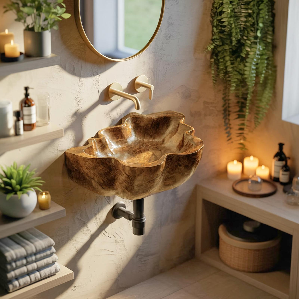 Handcrafted Live Edge Wooden Vessel Sink, Rustic Solid Wood Wash Basin for Bathroom Vanity Tabletop