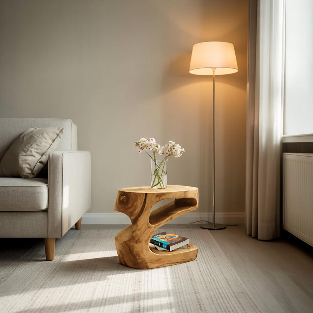 Artistic Side Table with Storage Shelf, Handcrafted Solid Wood End Table & Nightstand for Living Room, Model