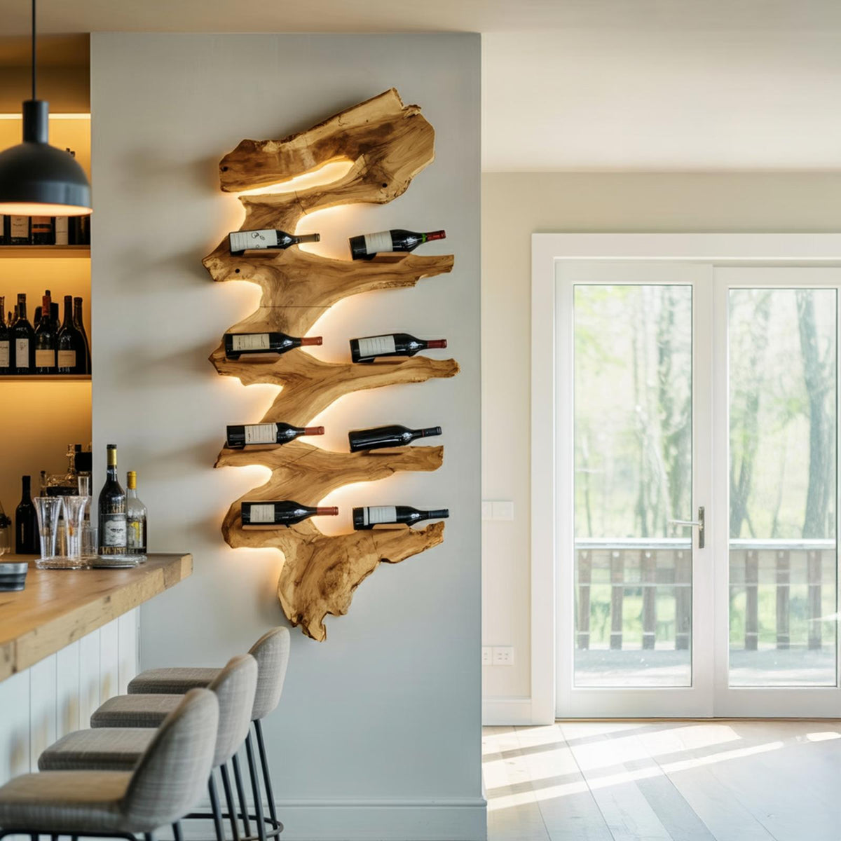 Modern Solid Wood Wine Rack, Handcrafted Wooden Wine Bottle Holder Shelf for Living Room