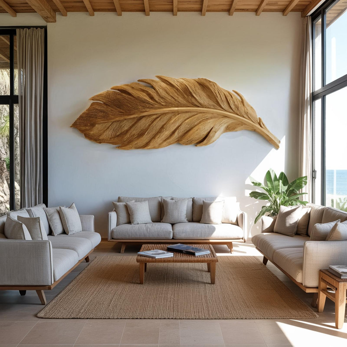 Modern Feather Wall Art, 3D Hand-Carved Wooden Feather Sculpture Panel for Living Room & Bedroom Wall Decor