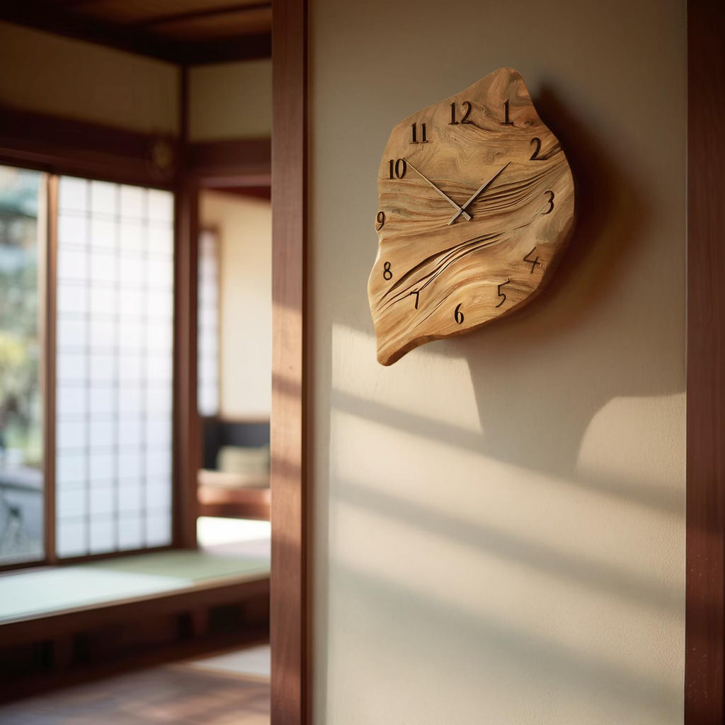 Minimalist Wall Clock, Handcrafted Organic Shape Solid Wood Decorative Timepiece for Living Room