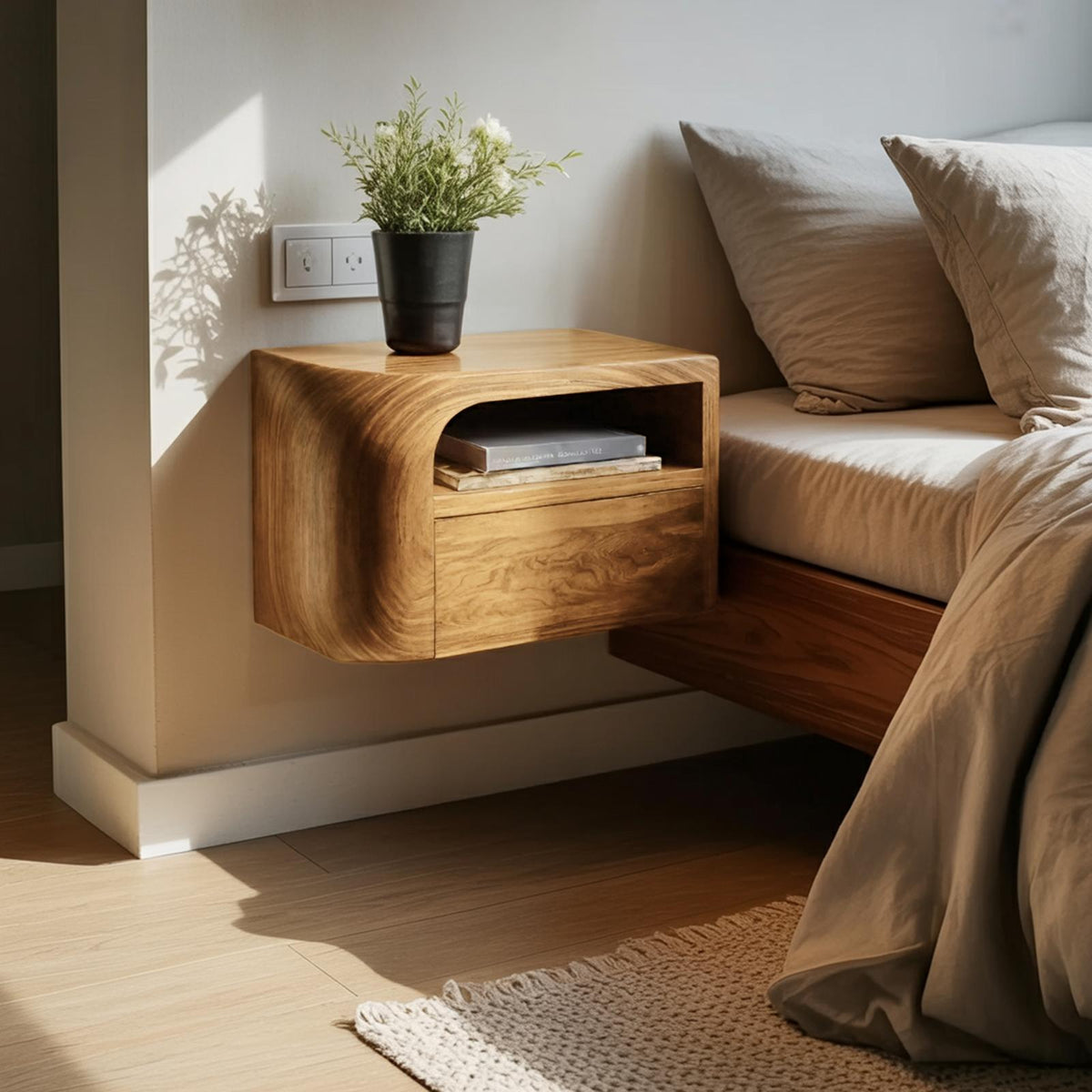 Spry Interior Modern Floating Nightstand, Minimalist Wall Mounted Wood Bedside Table with Drawer for Bedroom, Model RTTHHNNS008