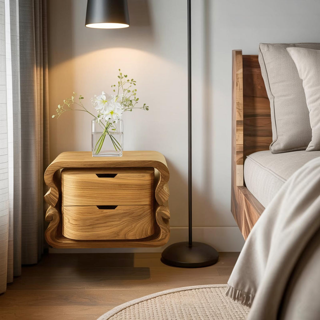 Spry Interior Sculptural Floating Nightstand, Modern Wall Mounted Wooden Bedside Table with Open Shelf, Model RTTHHNNS009