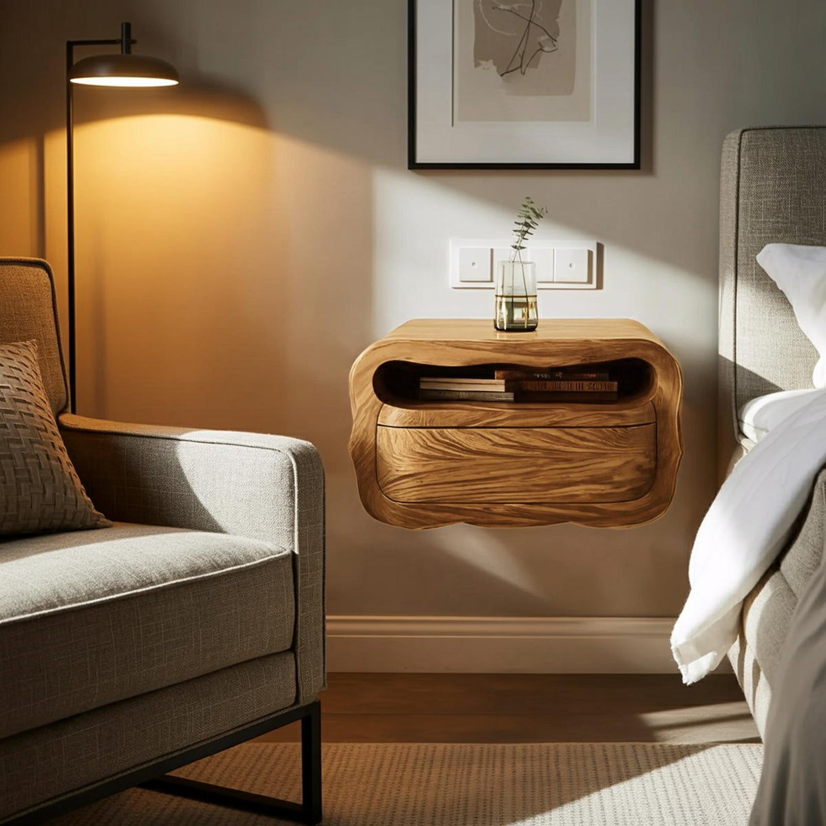 Spry Interior Modern Floating Nightstand with Soft Curves, Wall Mounted Wooden Bedside Table with Drawer, Model RTTHHNNS011