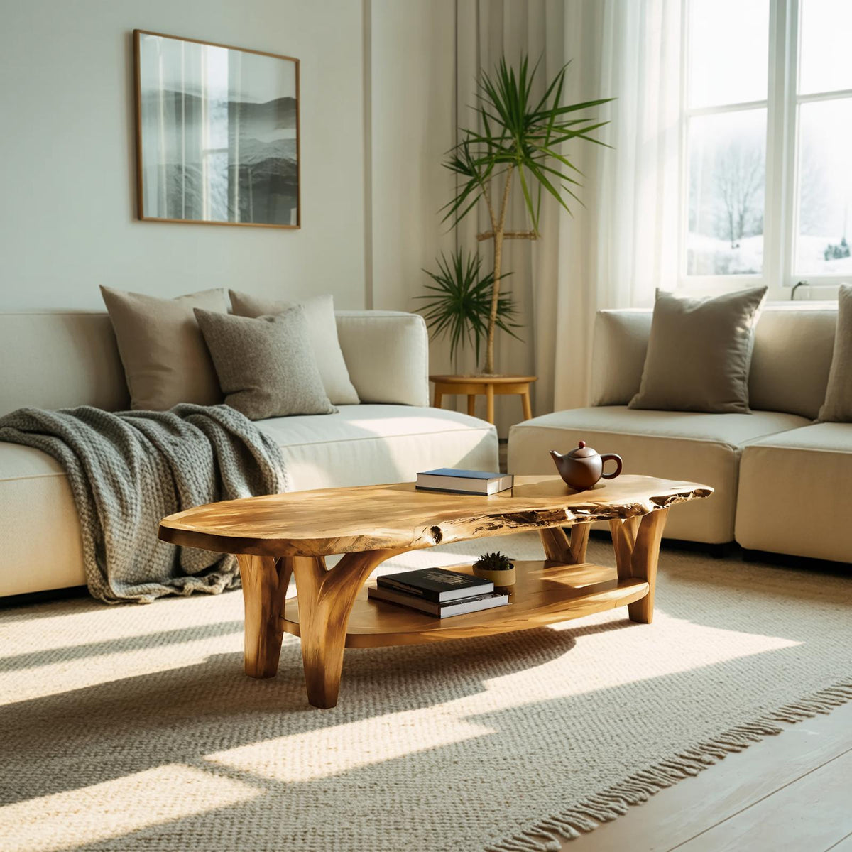 Modern Live Edge Wooden Coffee Table, Rustic Solid Wood Center Table for Living Room Decor, Model