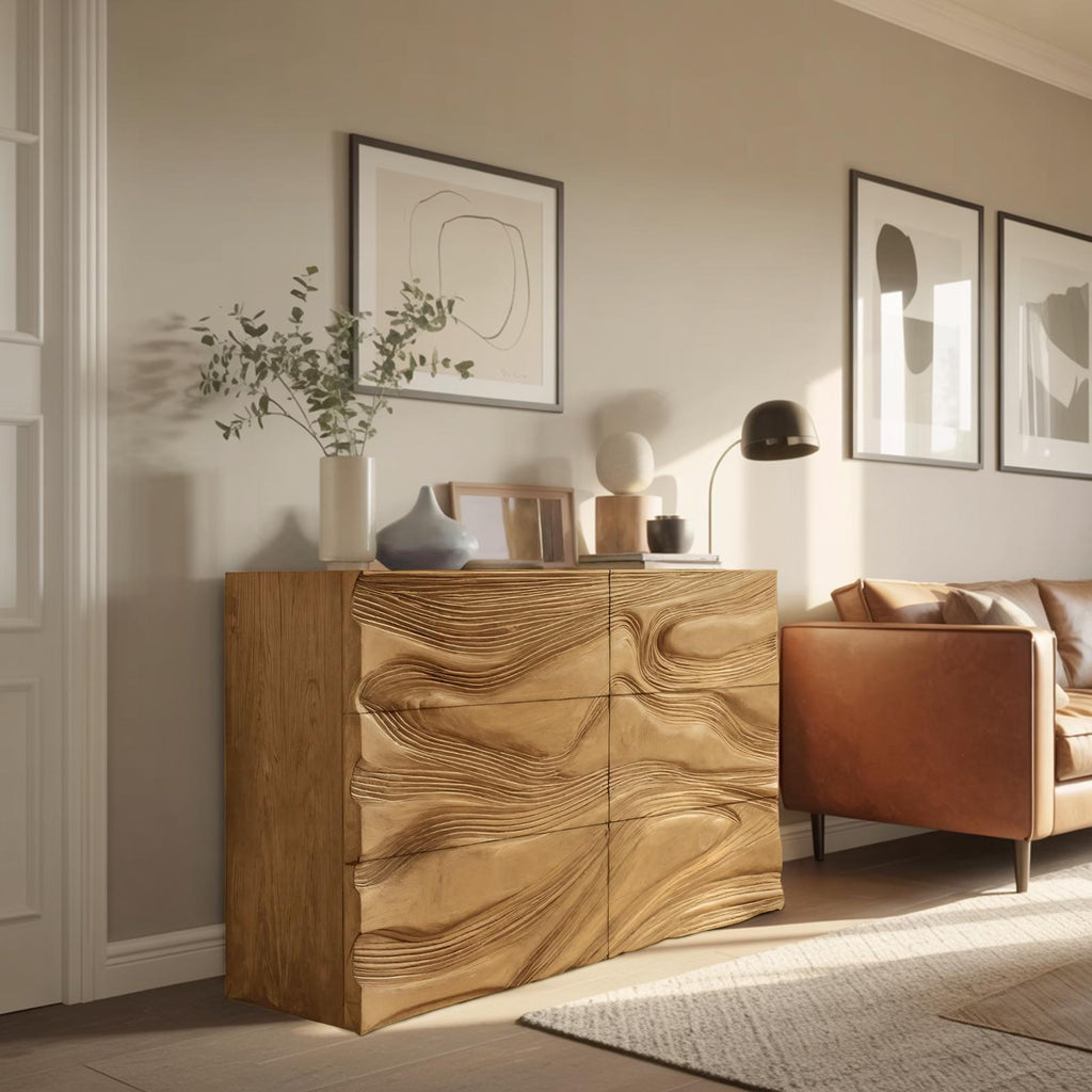 Minimalist Wooden Sideboard with Sculpted Wave Front, Handcrafted Solid Wood Credenza for Living Room Decor, Model