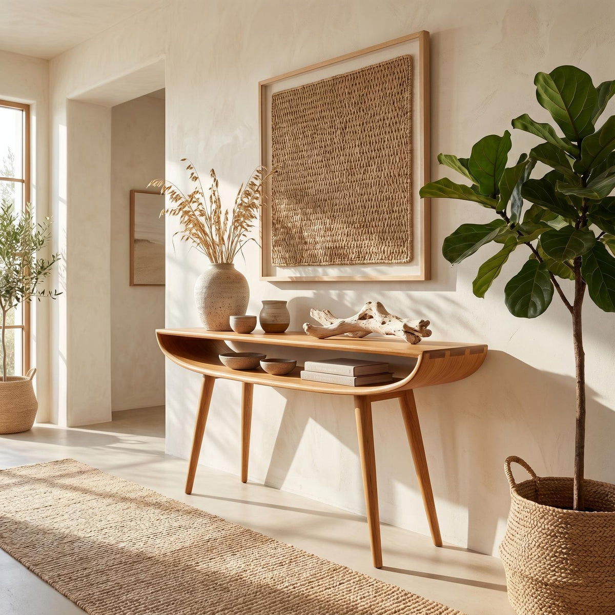 Mid-Century Curved Console Table, Solid Wood Modern Entryway Table, Minimalist Bedroom Accent Table