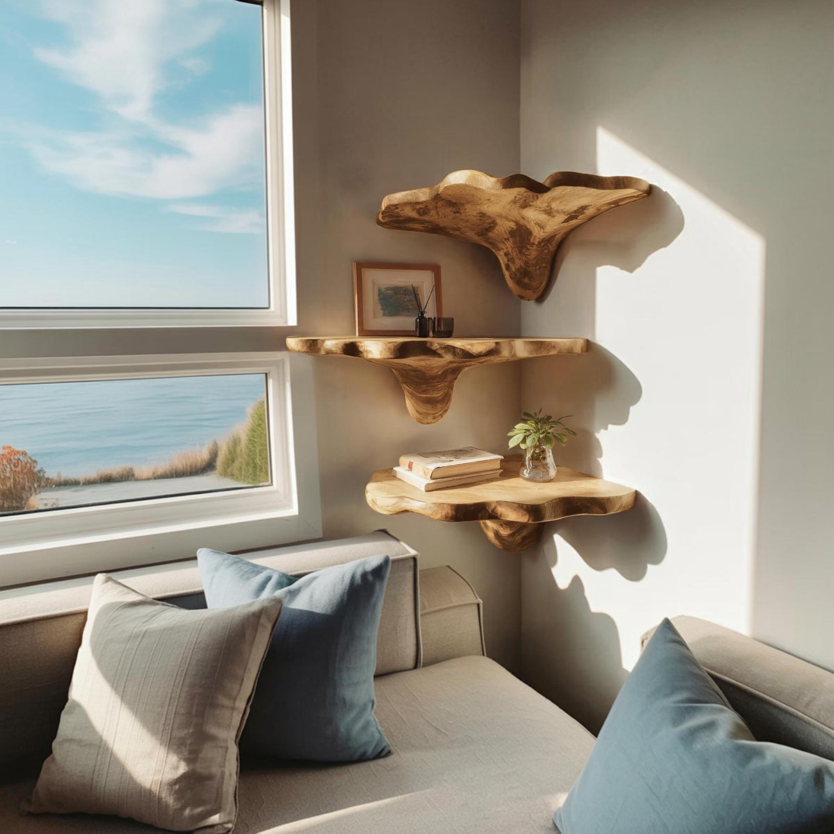 Handcrafted Wooden Live Edge Mushroom Shelf For Entryway Design