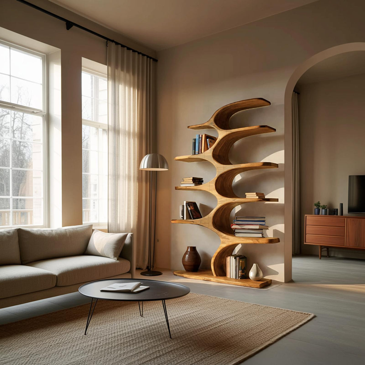 Artistic Curved Bookshelf Fluid Lines Statement For Designer Interiors RTTHTTBS050