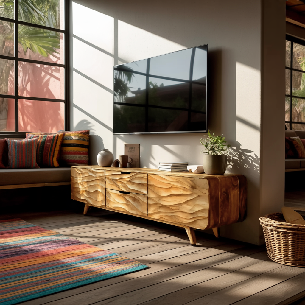 Handcrafted Wooden TV Stand with Stylish Storage Cabinets, Modern Artisan Media Console for Living Room