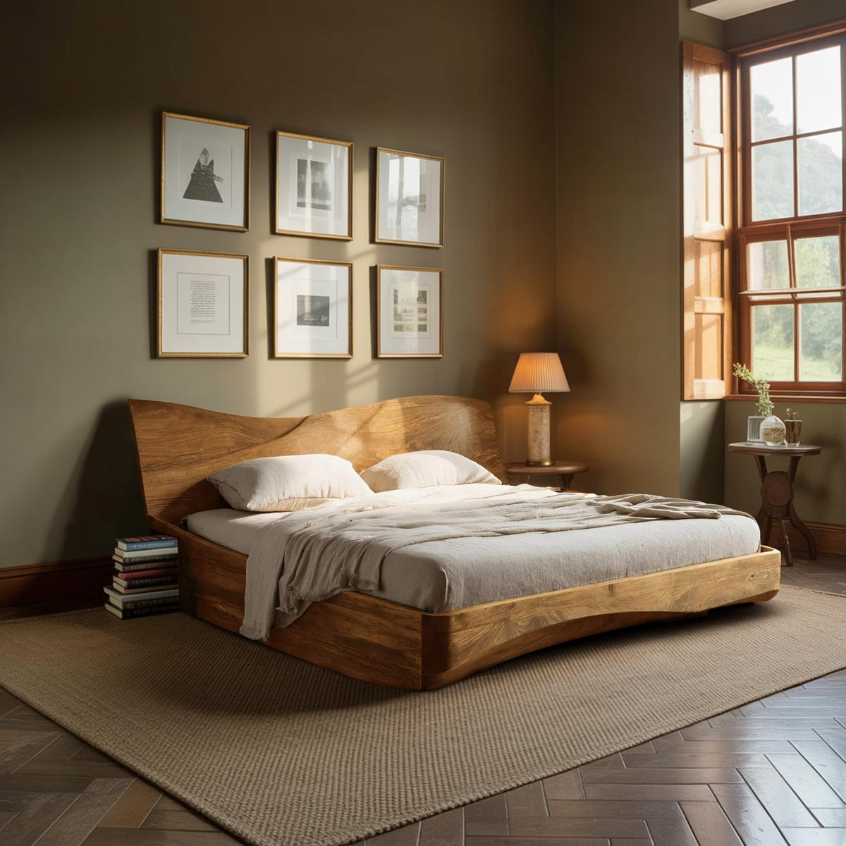 Spry Interior Organic Platform Bed and Headboard, Handcrafted Solid Wood Minimalist Bed Frame for Bedroom Decor, RTTHHNWO003