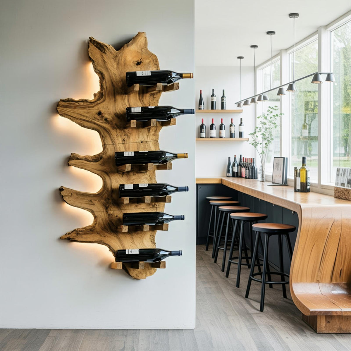 Modern Live Edge Wooden Wine Rack, Handcrafted Solid Wood Bottle Storage Holder Display Shelf