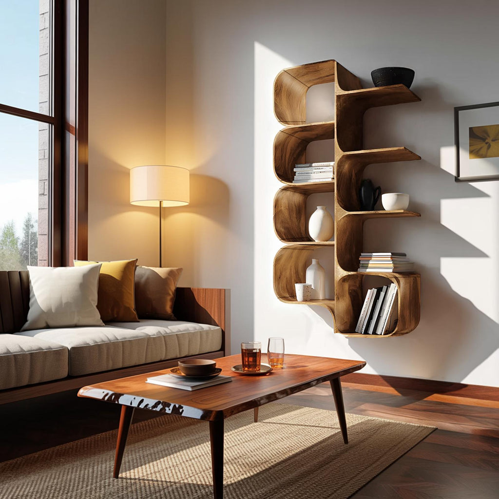 Minimalist Wooden Kitchen Floating Shelf, Handcrafted Solid Wood Wall Mount Dish Display Rack & Pantry Food Organizer