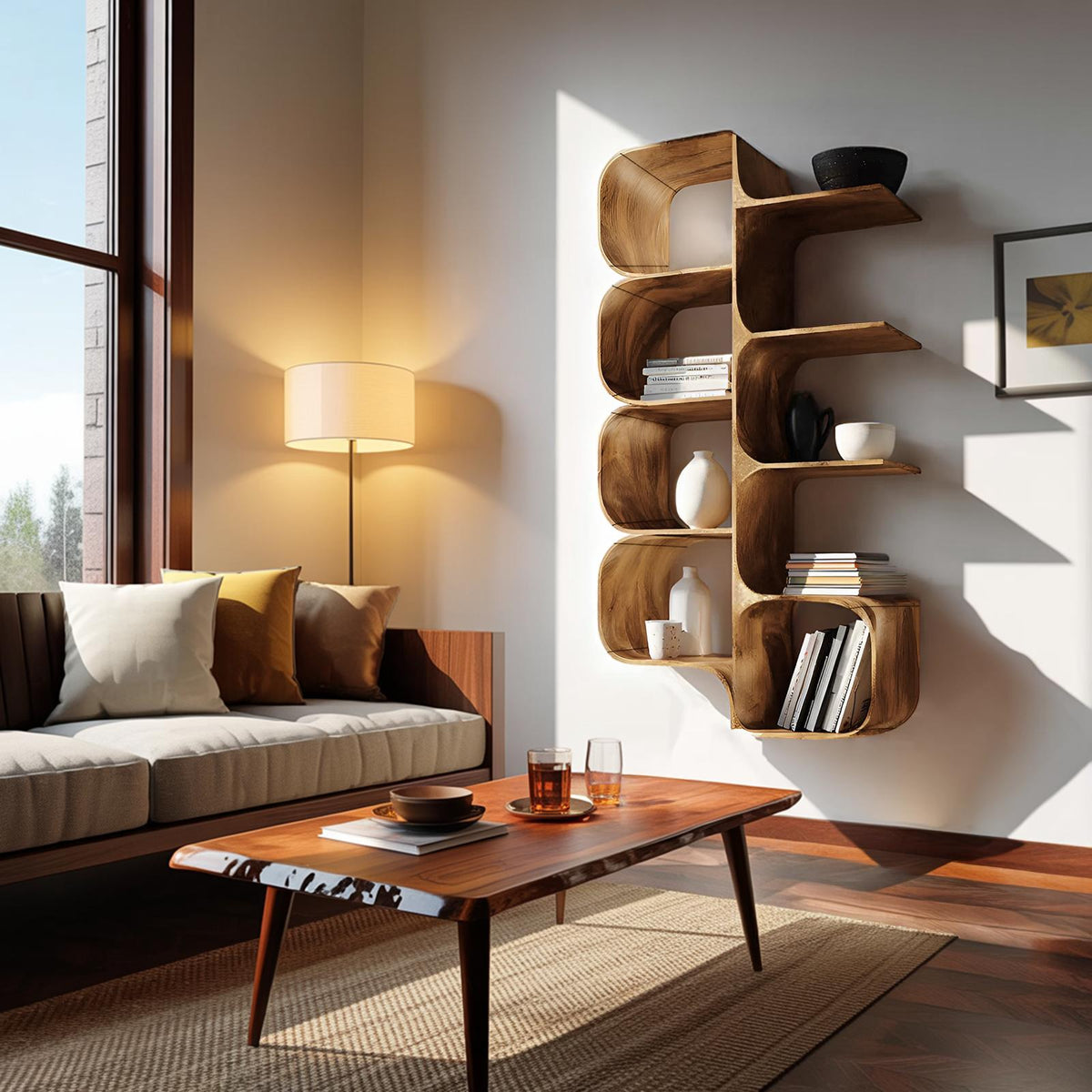 Minimalist Wooden Kitchen Floating Shelf, Handcrafted Solid Wood Wall Mount Dish Display Rack & Pantry Food Organizer