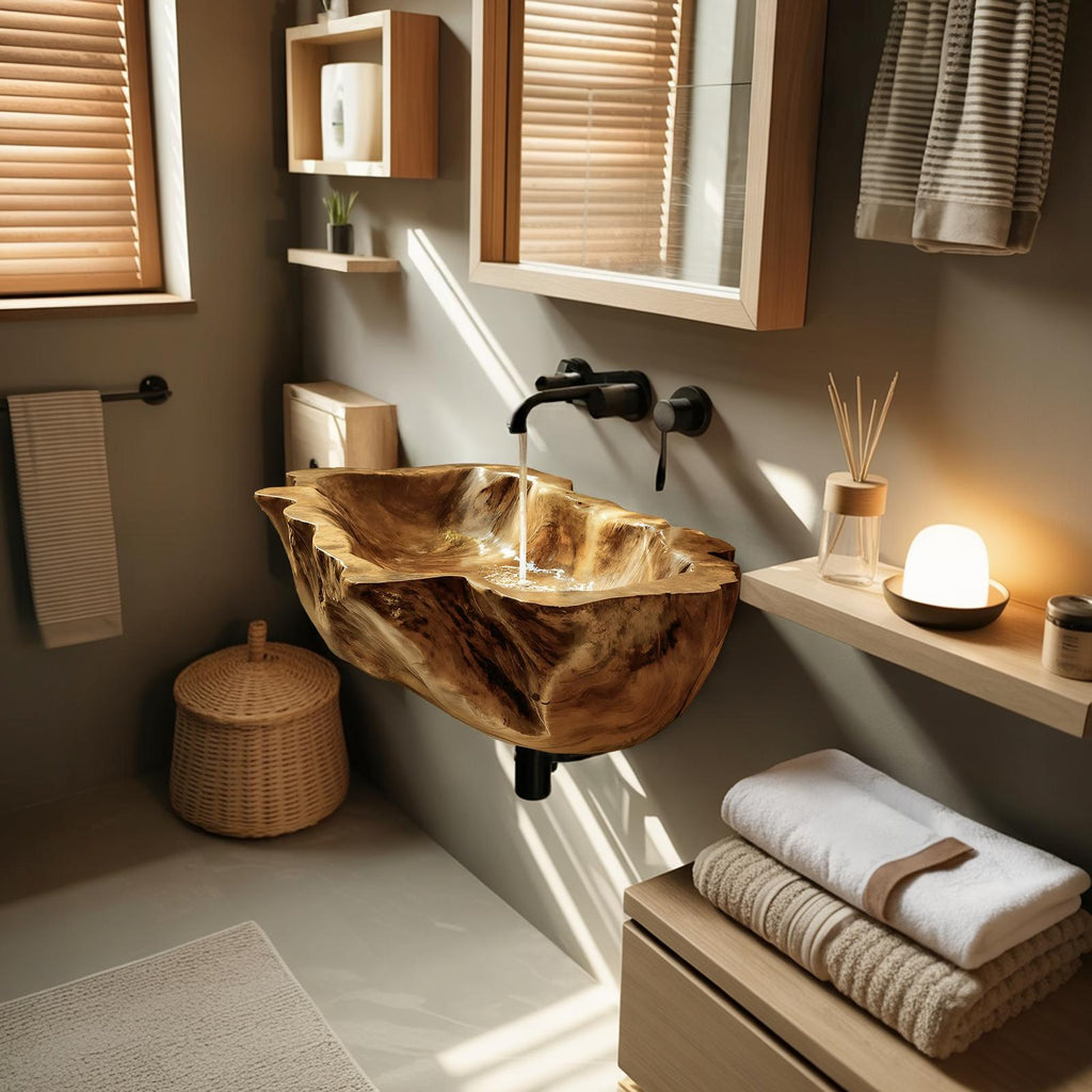 Farmhouse Solid Wood Vessel Sink, Rustic Natural Wooden Wash Basin for Bathroom & Vanity Faucet Decor