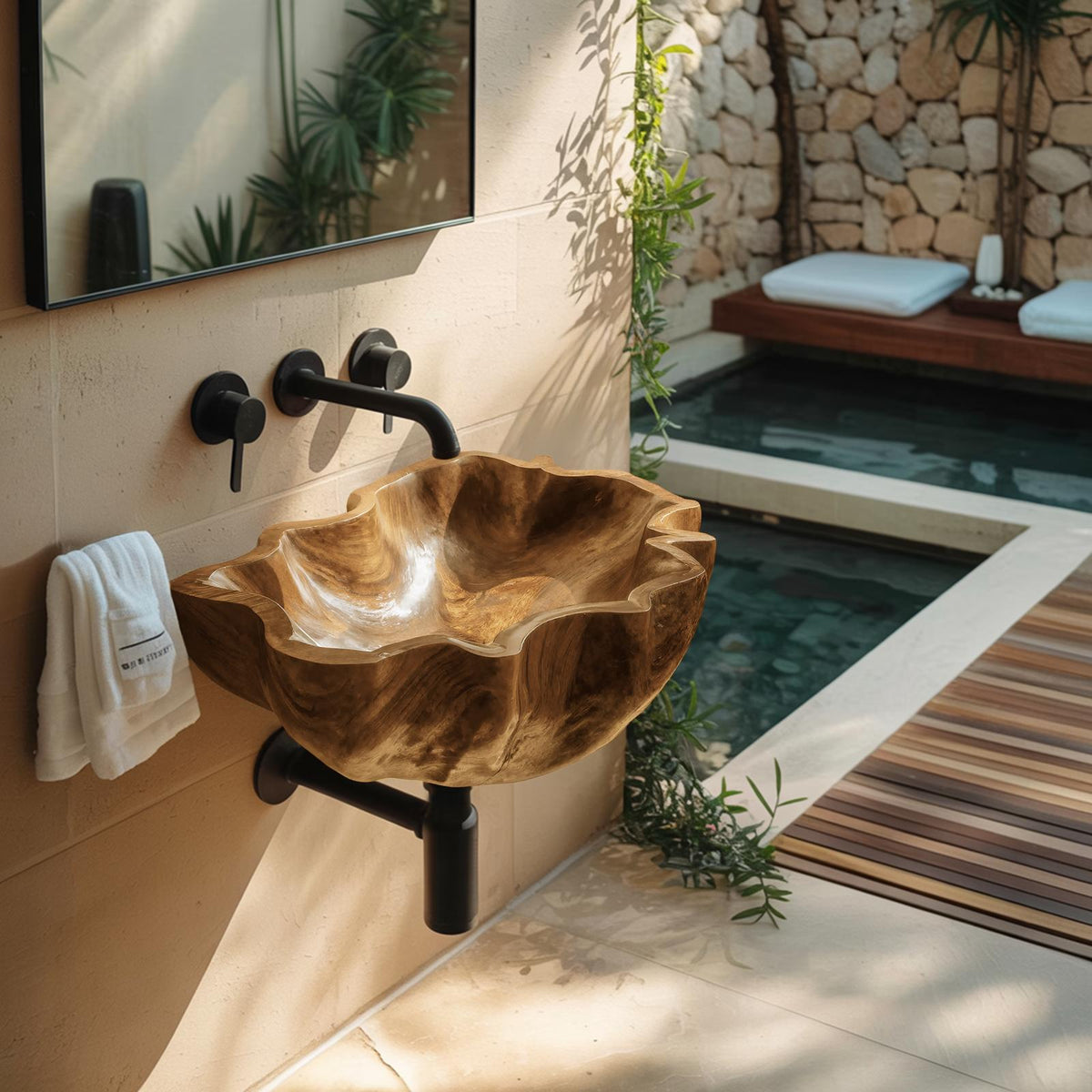 Mid Century Live Edge Wooden Vessel Sink, Rustic Solid Wood Bathroom Wash Basin for Vanity Top