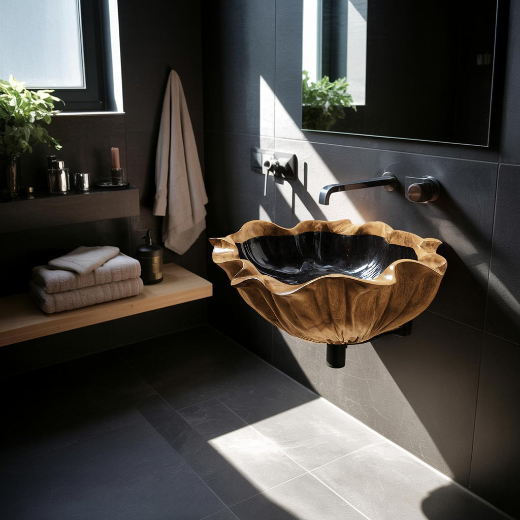Farmhouse Live Edge Wooden Vessel Sink, Rustic Solid Wood Wash Basin for Bathroom Vanity Countertop