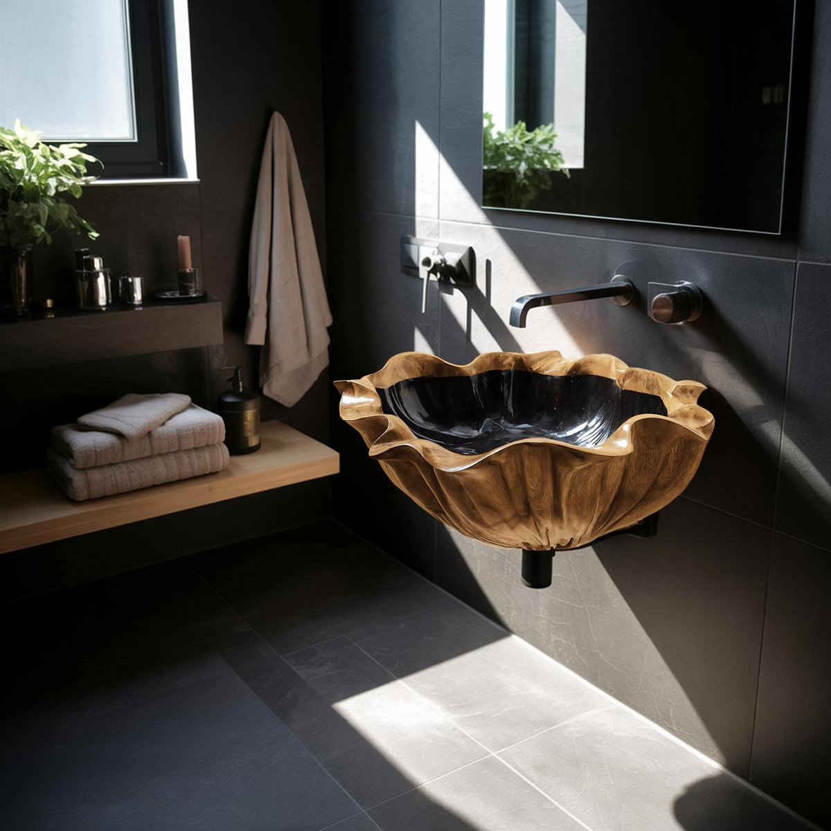 Farmhouse Live Edge Wooden Vessel Sink, Rustic Solid Wood Wash Basin for Bathroom Vanity Countertop