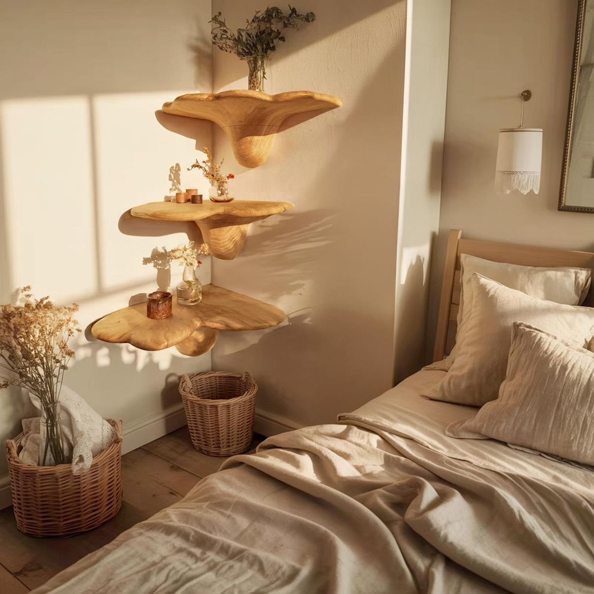 Handcrafted Solid Wood Mushroom Shelf For Bedroom Interior Decor