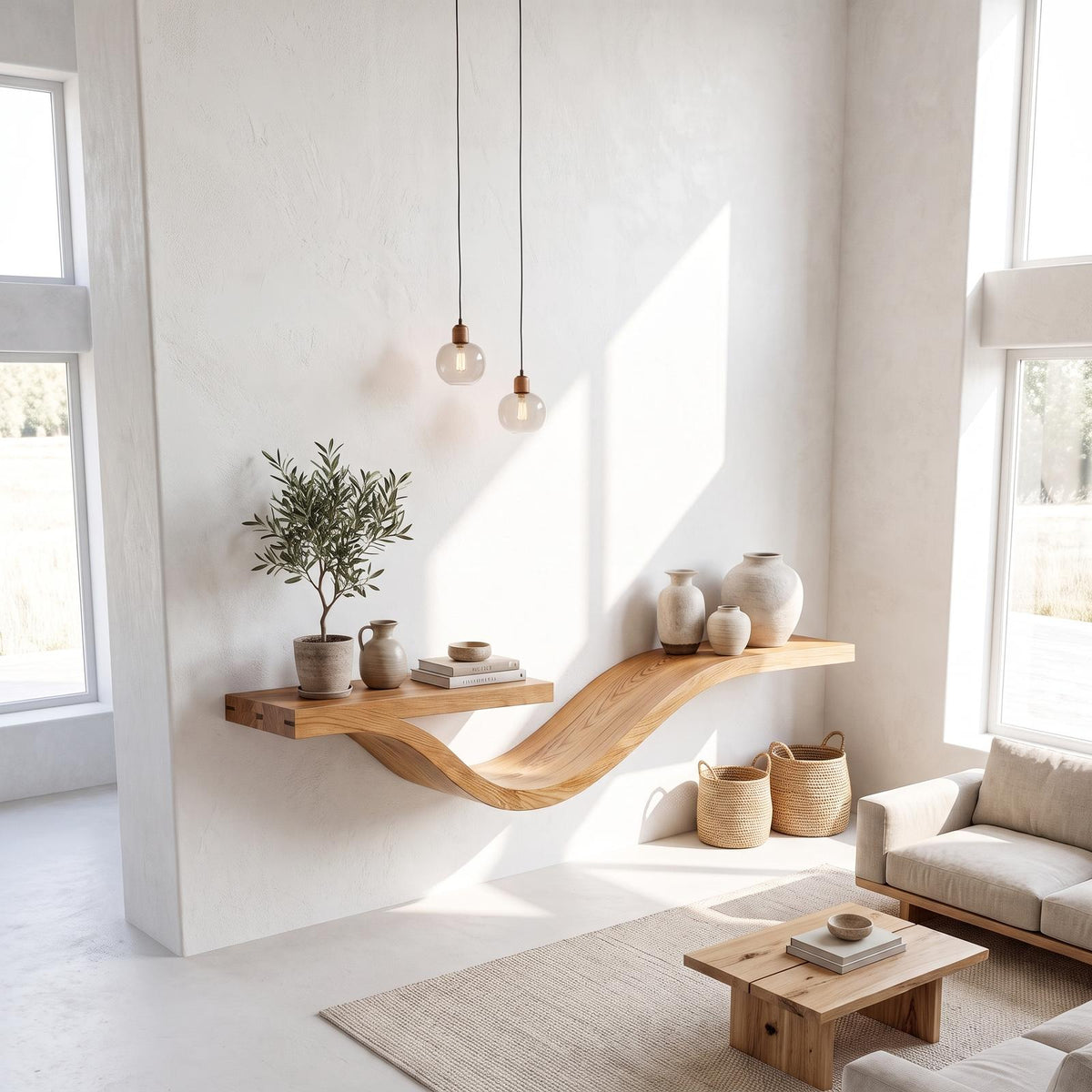 Rustic Wavy Floating Shelf Live Edge Decorative For Living Room