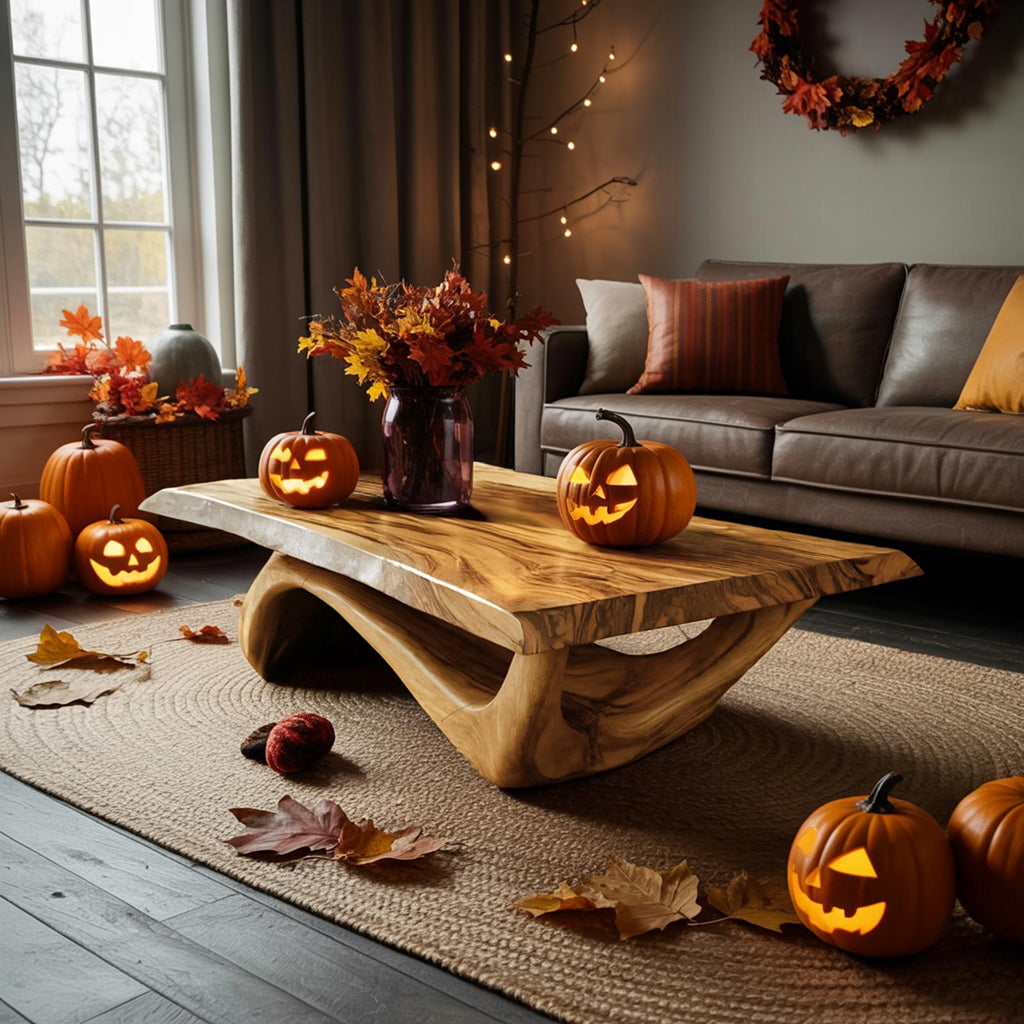 Modern Solid Wood Coffee Table, Spooky Haunted Style Live Edge Wooden Table Top for Halloween Living Room Decor