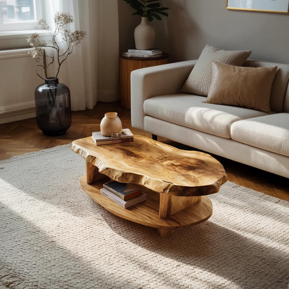 Rustic Wooden Coffee Table with Live Edge & Open Storage Shelf, Solid Wood Center Table, Model