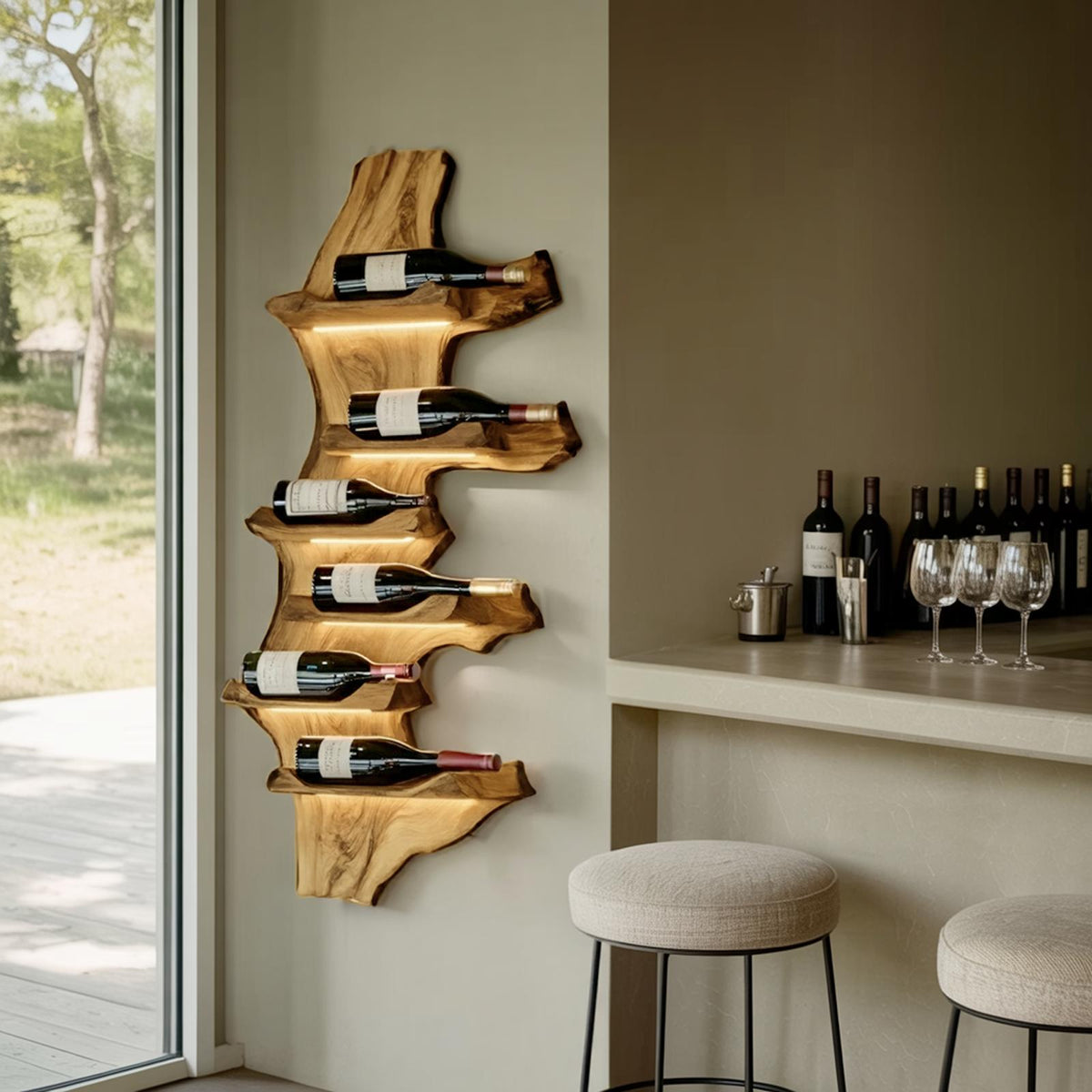 Farmhouse Live Edge Wooden Wine Holder, Rustic Solid Wood Bottle Storage Stand for Entryway Decor