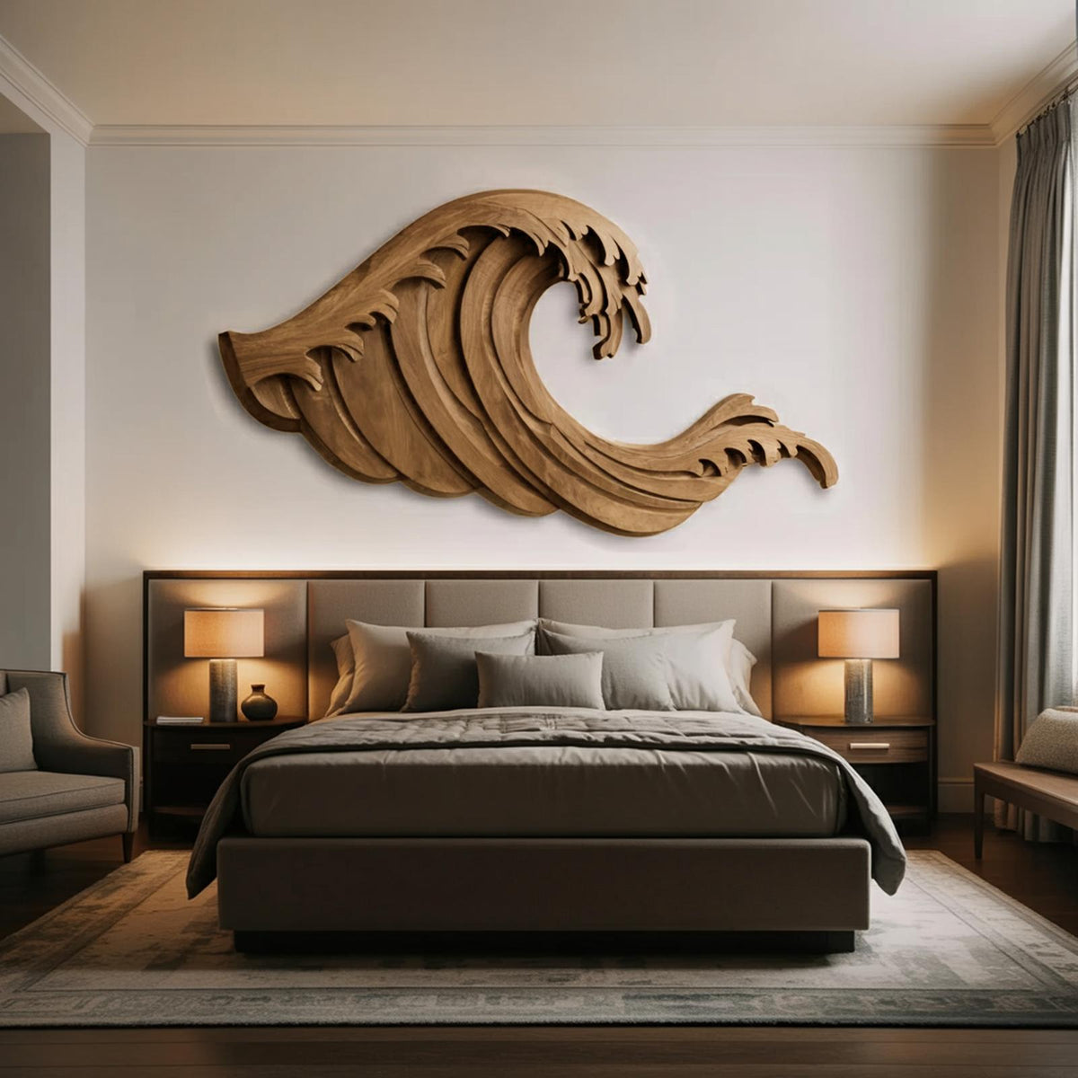 Organic Wave Wall Art, Coastal Inspired 3D Hand-Carved Wood Wall Sculpture for Living Room & Bedroom