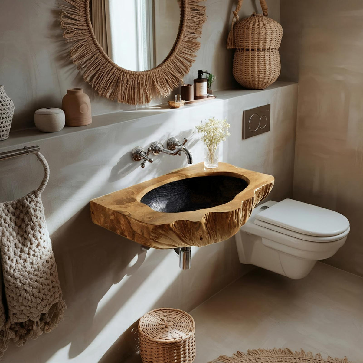 Mid Century Wall Mounted Wooden Bathroom Sink Vanity, Handcrafted Rustic Solid Wood Floating Wash Basin