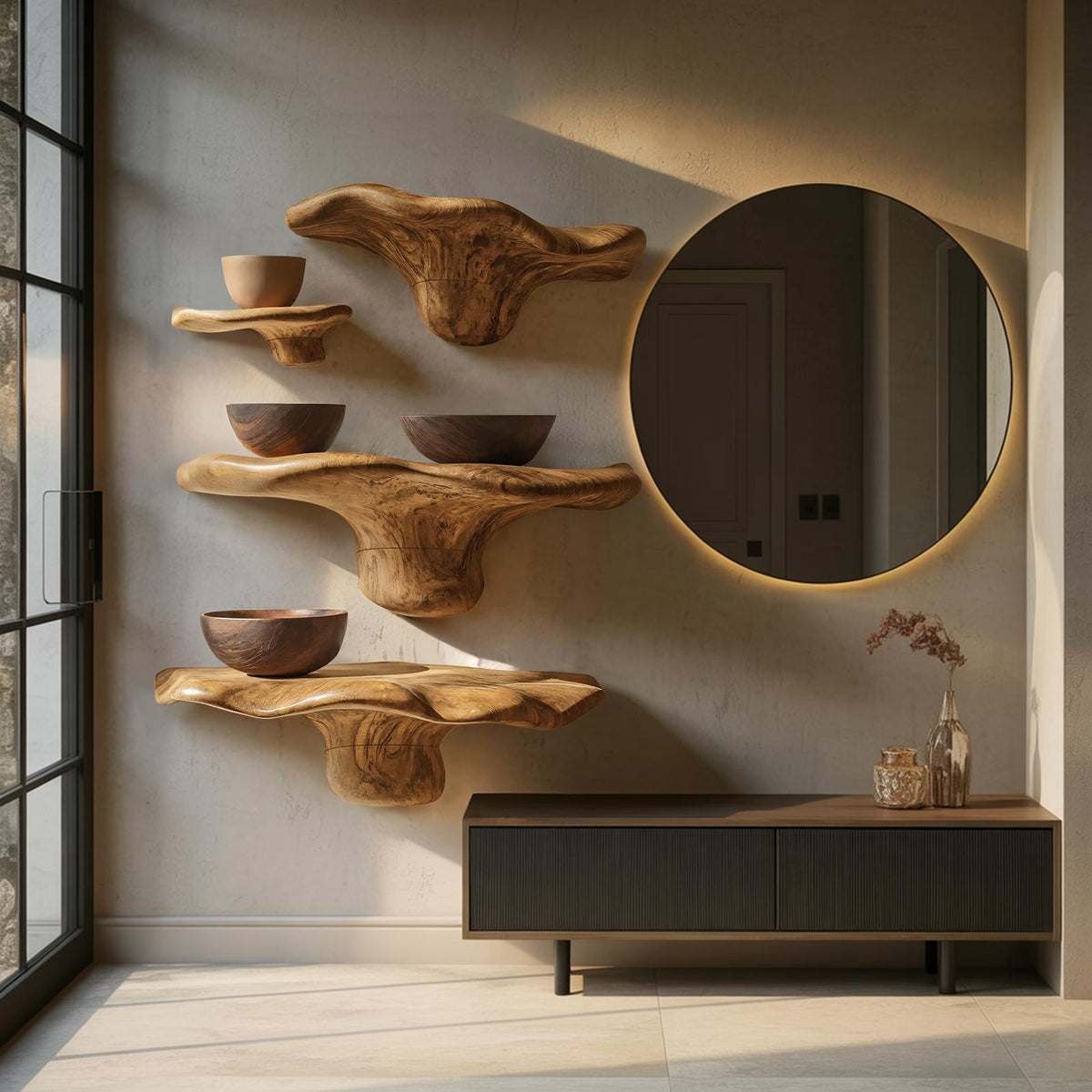 Farmhouse Wooden Live Edge Mushroom Shelf For Rustic Home Decor