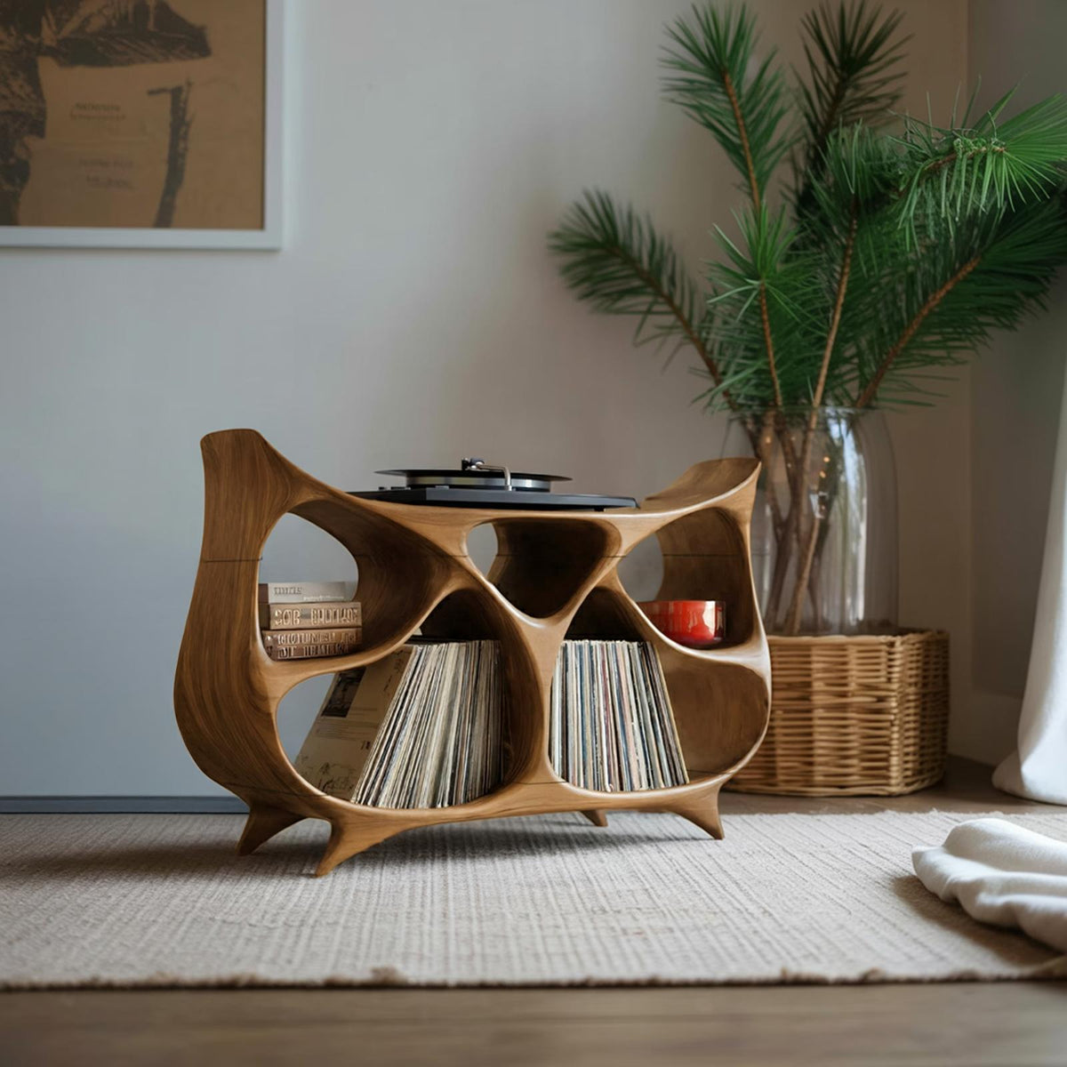 Farmhouse Wooden Record Stand, Rustic Solid Wood Vinyl Storage Holder & Media Cabinet Organizer Shelf