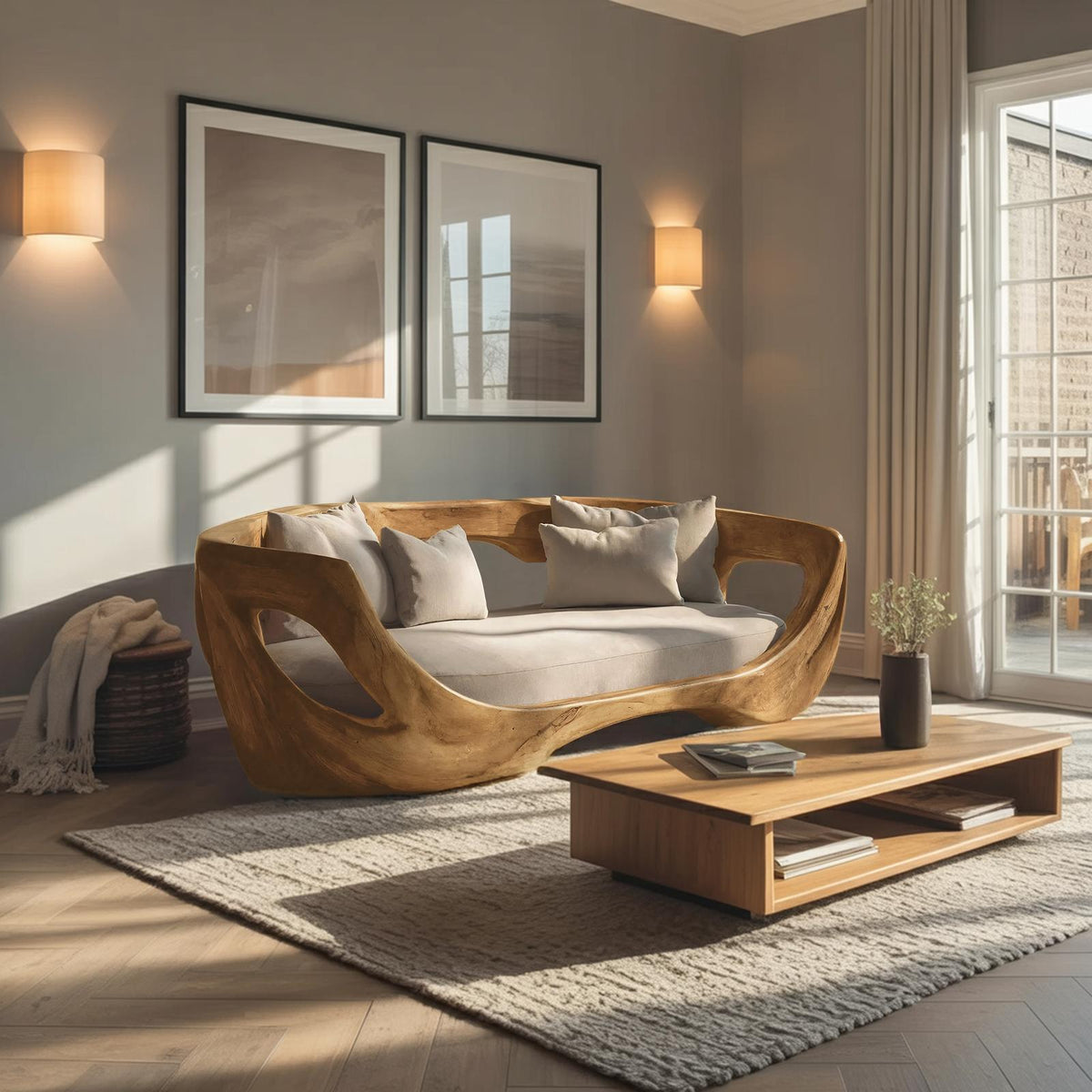 Modern Curved Wooden Sofa, Contemporary Loveseat Settee Couch for Living Room Bedroom Lounge Seating