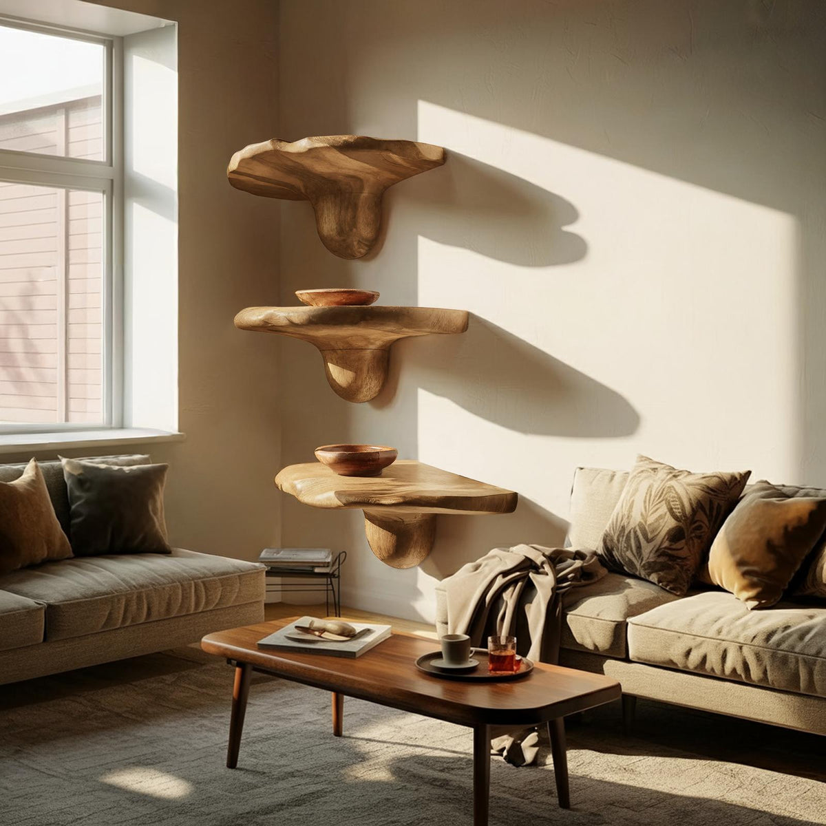 Handcrafted Solid Wood Mushroom Shelf For Bedroom Furniture Decor