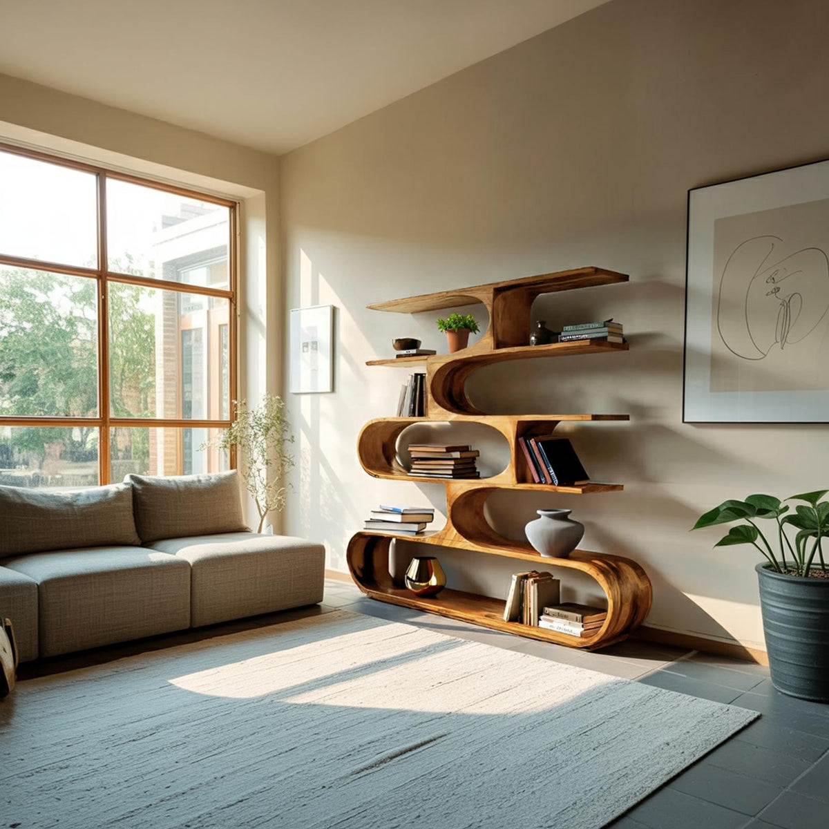 Artistic Curved Bookcase, Handcrafted Wood Bookshelf with Sculptural Design for Modern Living Room Decor