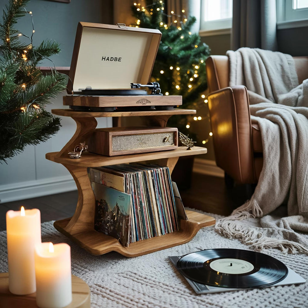 Mid Century Wooden Record Player Stand, Handcrafted LP Album Vinyl Storage Shelf for Christmas Home Decor