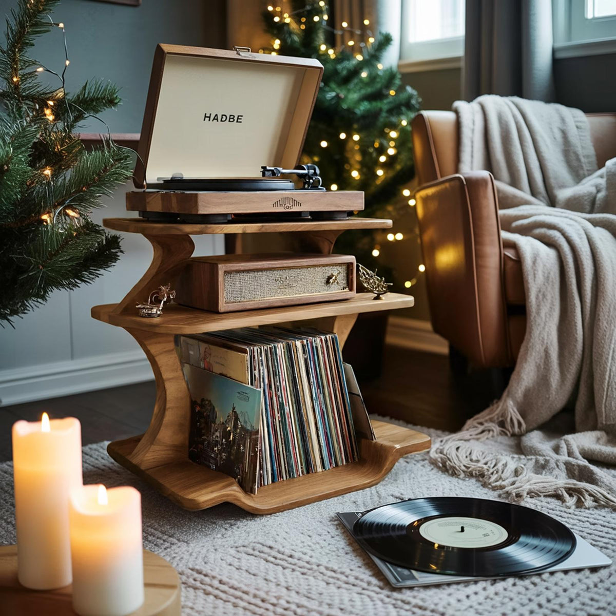 Mid Century Wooden Record Player Stand, Handcrafted LP Album Vinyl Storage Shelf for Christmas Home Decor