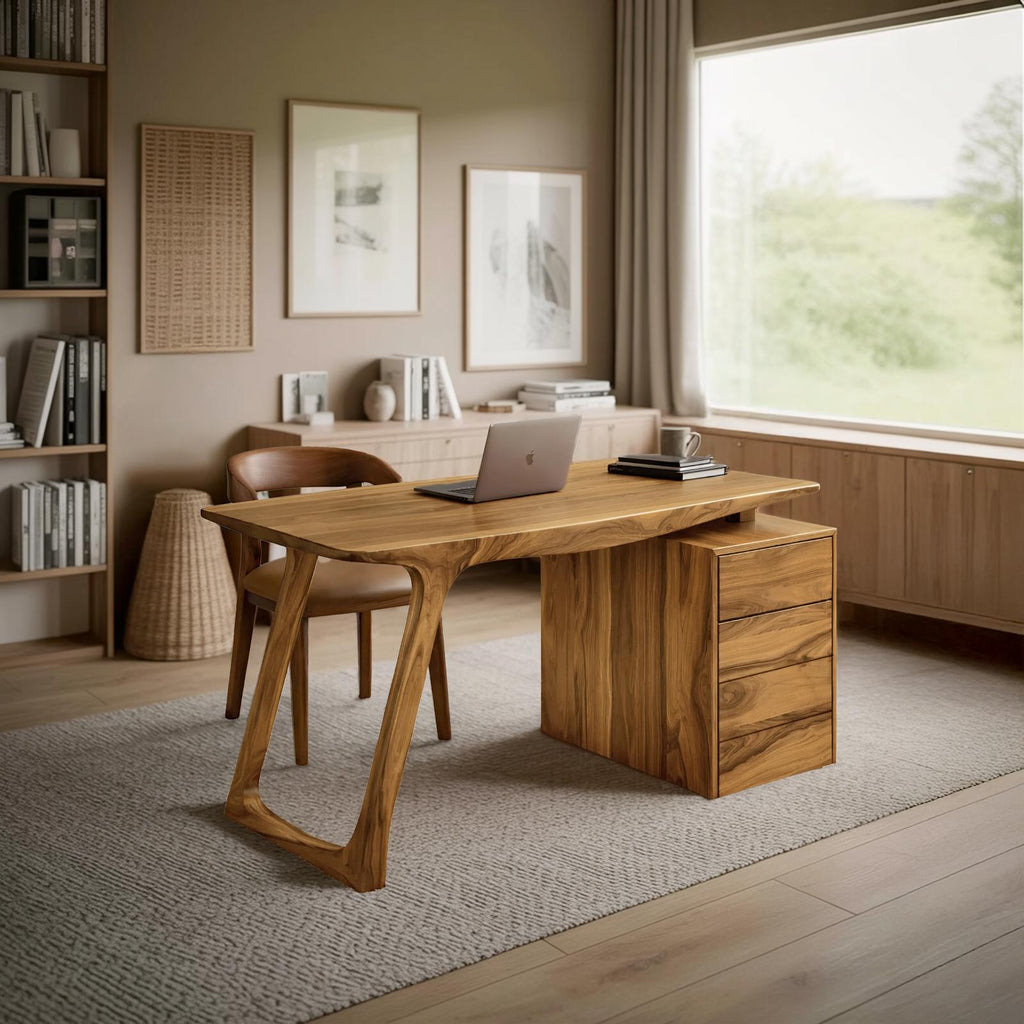 Contemporary Live Edge Office Desk With Storage Cabinet For Workspace