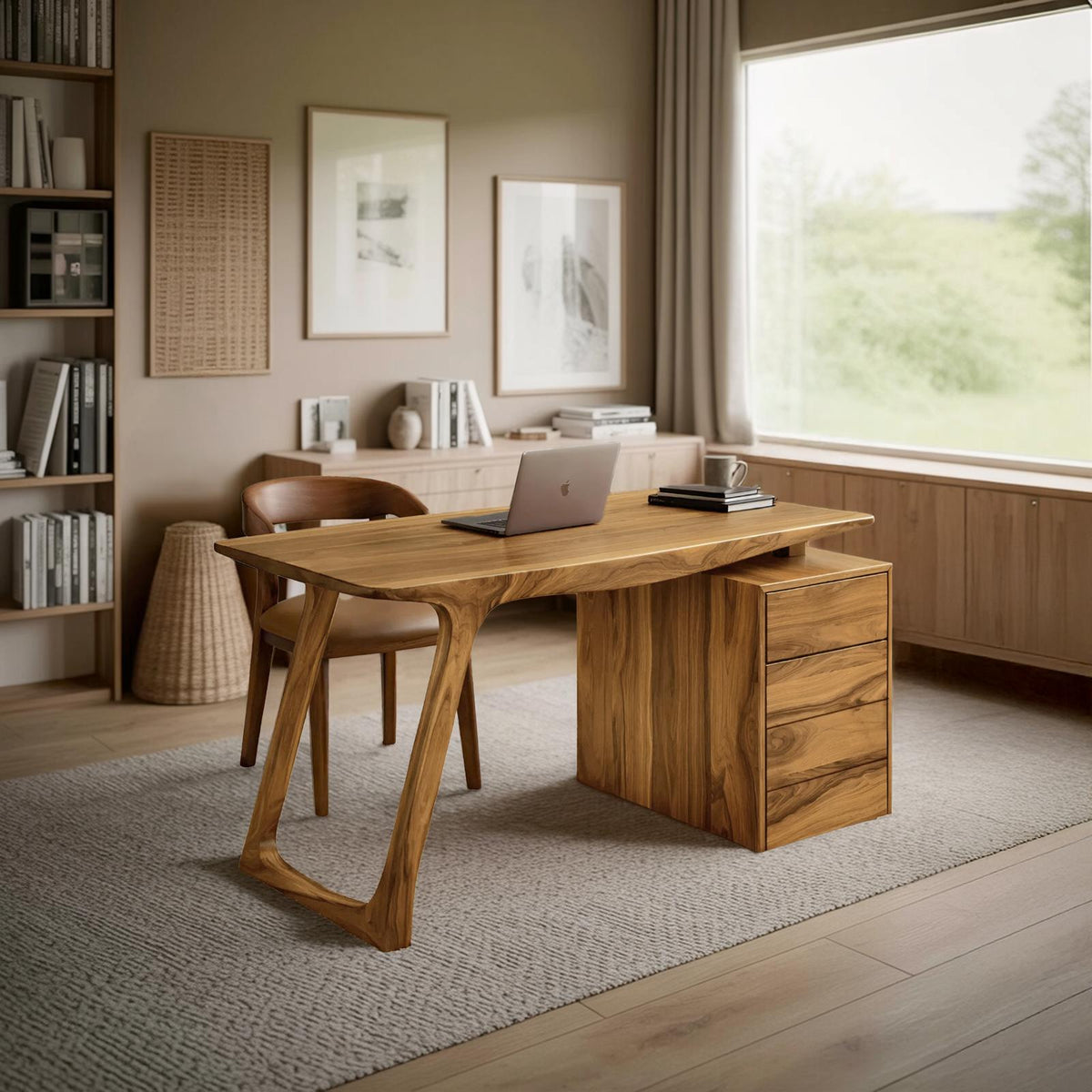 Contemporary Live Edge Office Desk With Storage Cabinet For Workspace