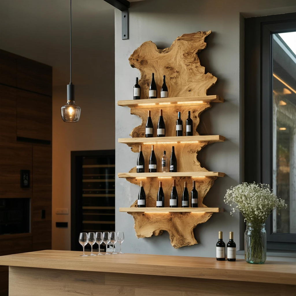 Mid Century Live Edge Wooden Wine Holder, Handcrafted Solid Wood Bottle Display Stand for Bar