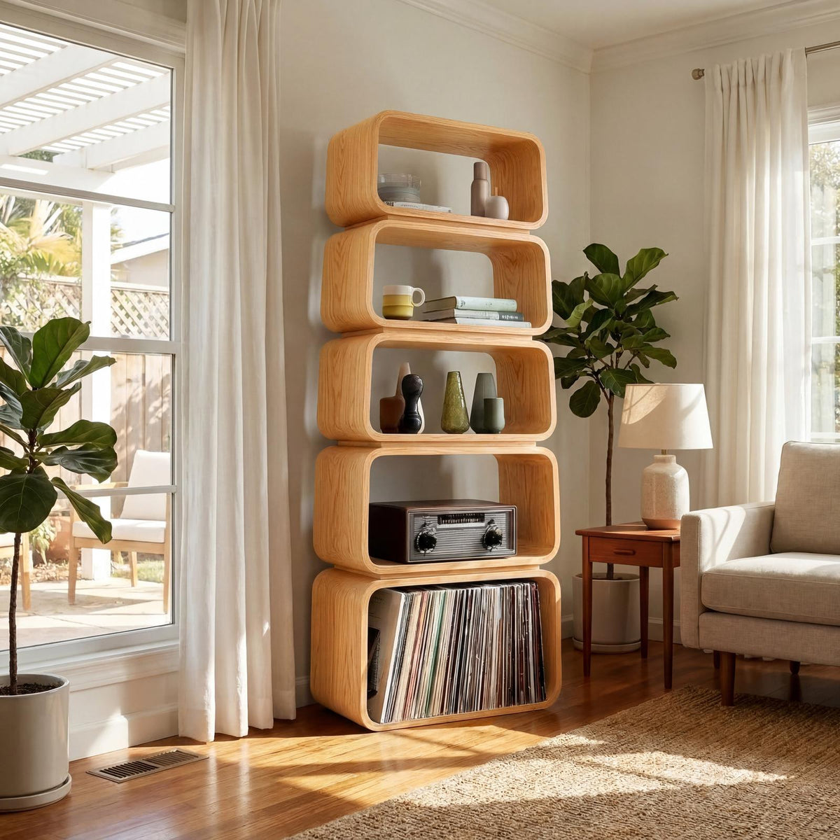 Mid-Century Wooden Standing Shelf, Tiered Bookcase Display Organizer, Retro Storage Rack for Living Room Decor
