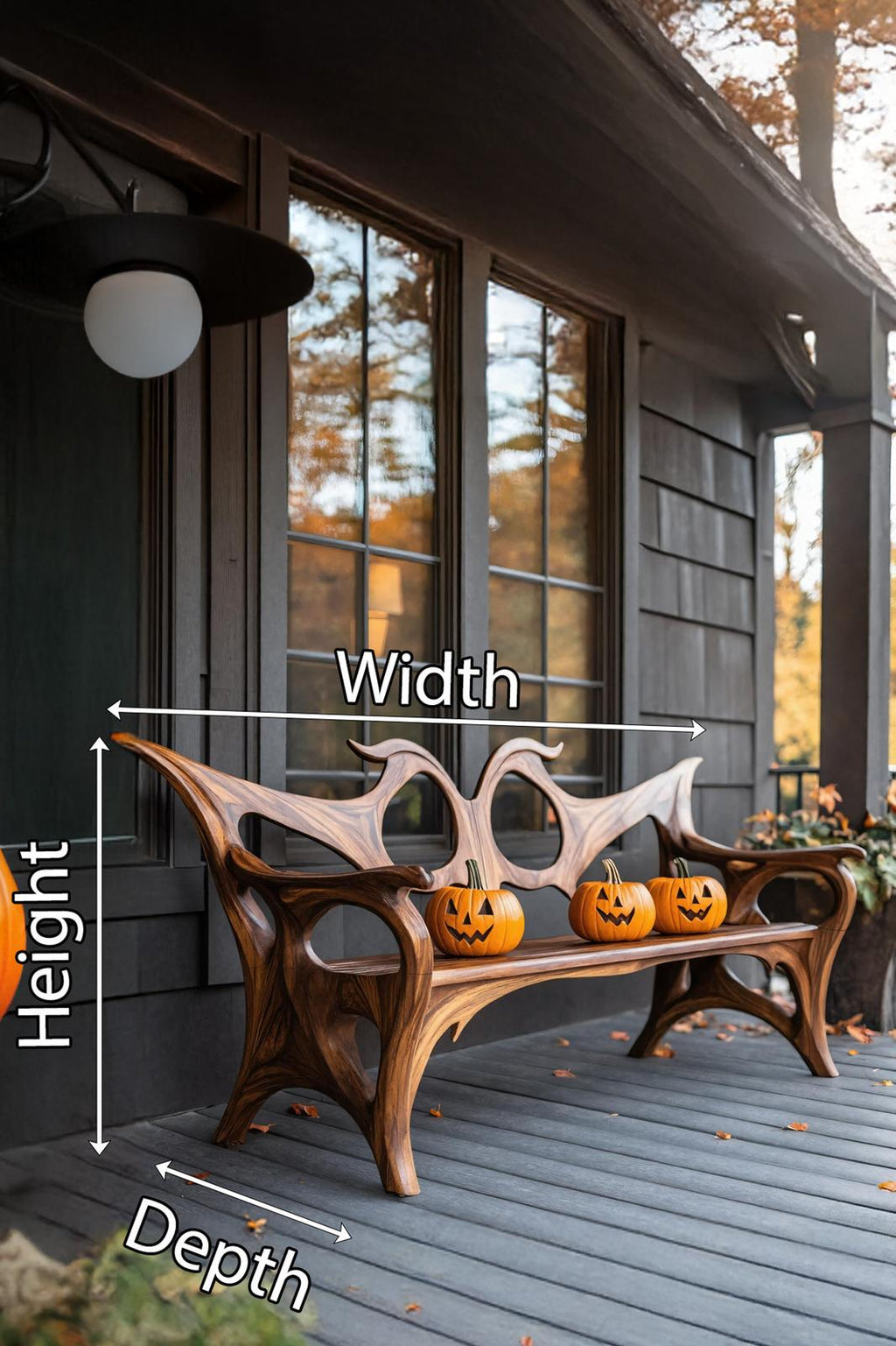 Spry Interior Farmhouse Halloween Wooden Patio Chair, Festive Outdoor Porch Seating, Gothic Carved Wood Holiday Accent Chair, SILDTTNHOB033