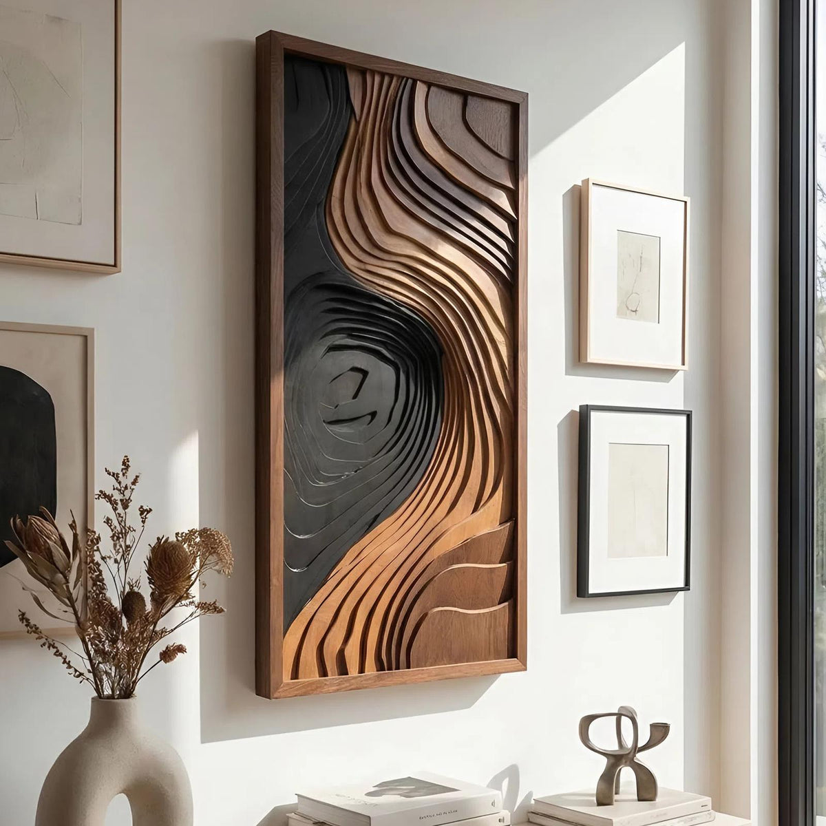 Contemporary Abstract Wood Wall Art Panel, Handcrafted Textured Wooden Geometric Sculpture Decor for Bedroom & Living Room, SILDTTNWA039