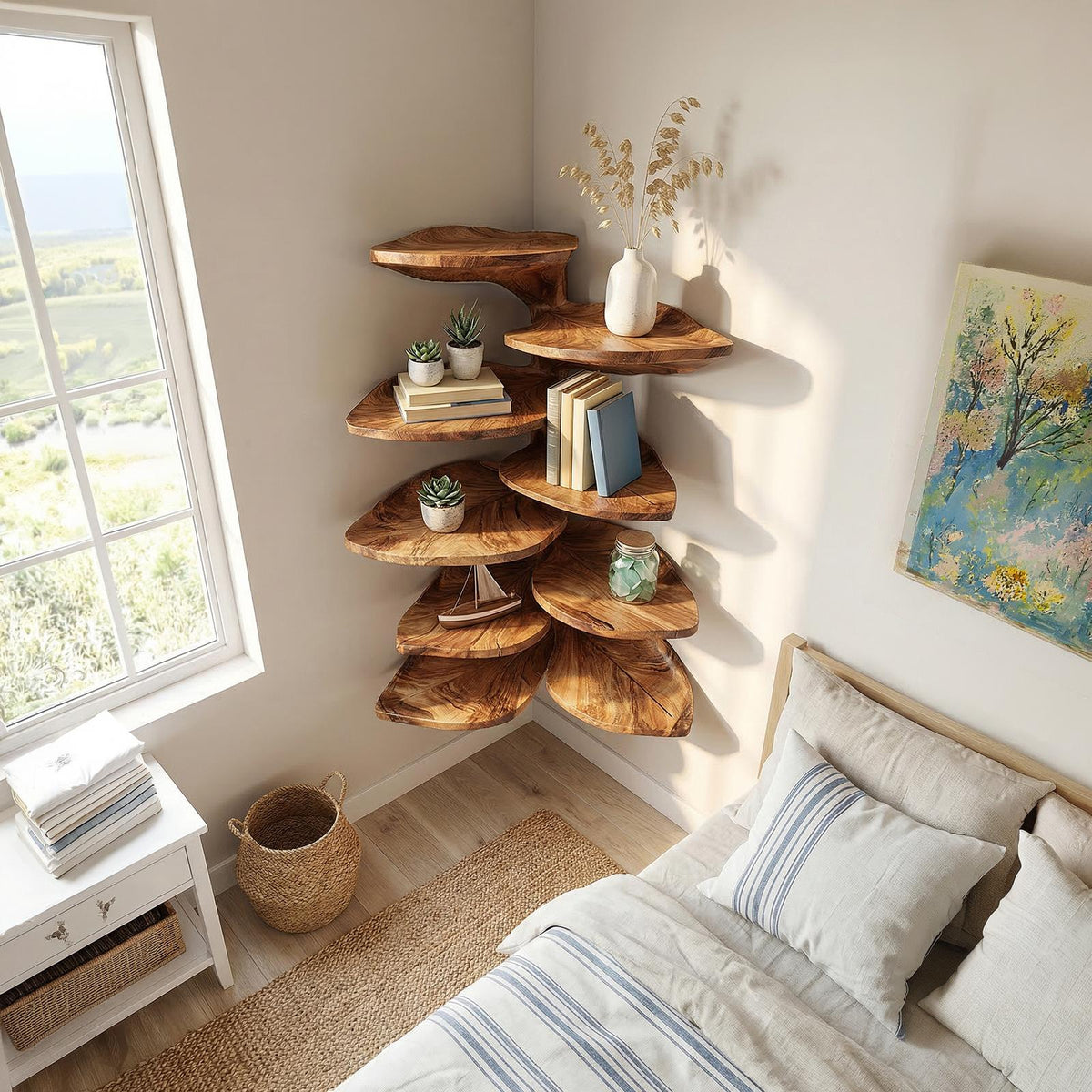 Modern Leaf-Shaped Floating Corner Shelf, Handcrafted Solid Wood Wall Mount Display Rack for Entryway & Bathroom