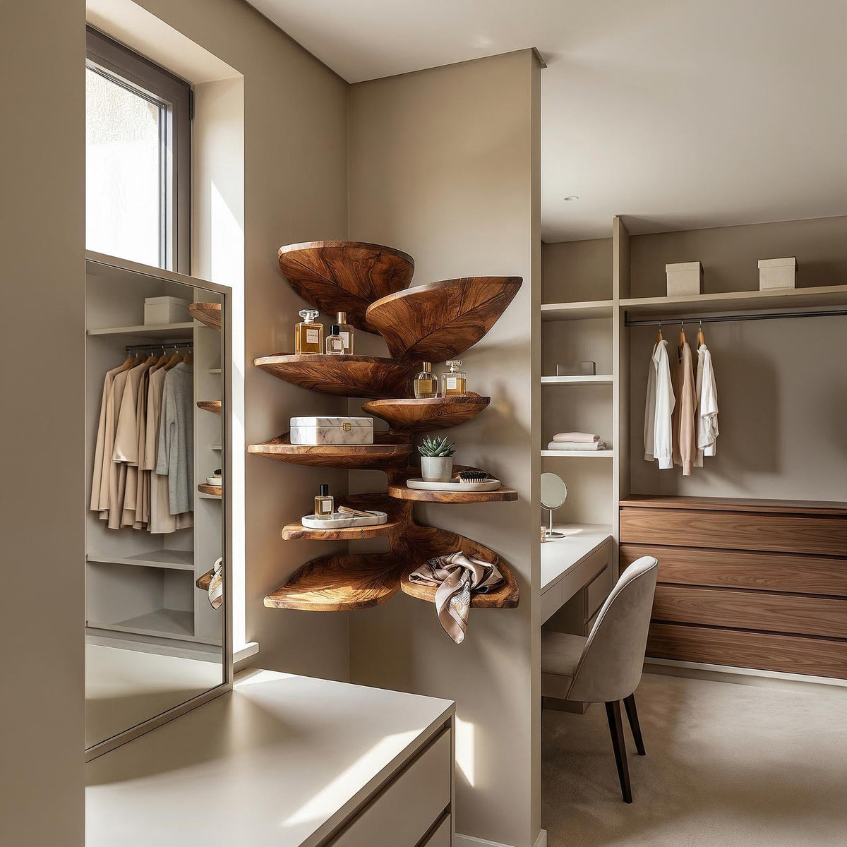 Modern Leaf-Shaped Floating Corner Shelf, Handcrafted Solid Wood Wall Mount Display Rack for Entryway & Bathroom