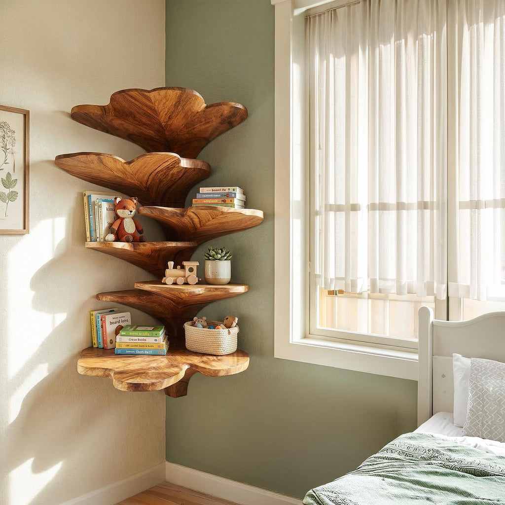 Boho Leaf Shaped Wooden Corner Shelf, Handcrafted Floating Tiered Wall Mounted Display Rack for Kids Nursery & Bedroom Decor, SILDTTRCLS006