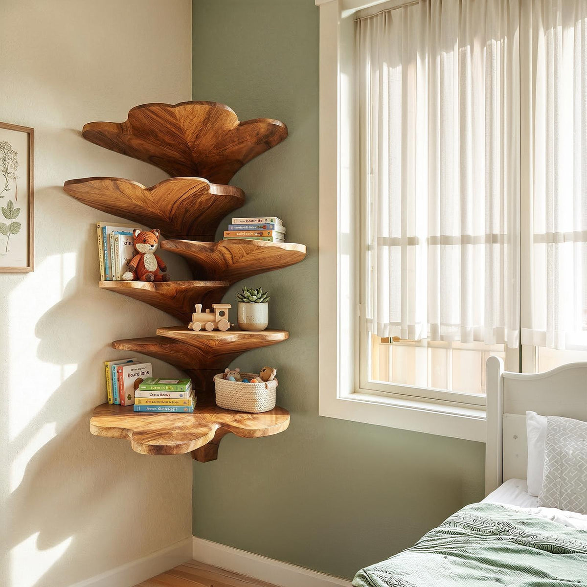 Boho Leaf Shaped Wooden Corner Shelf, Handcrafted Floating Tiered Wall Mounted Display Rack for Kids Nursery & Bedroom Decor, SILDTTRCLS006