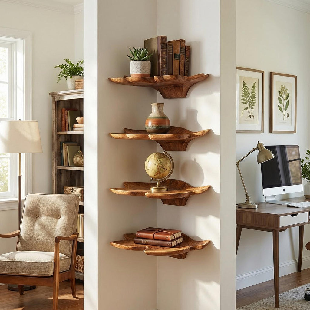 Mid Century Leaf Wall Shelf, Artistic Wooden Plant & Book Display Rack Floating Shelf for Office Home Decor