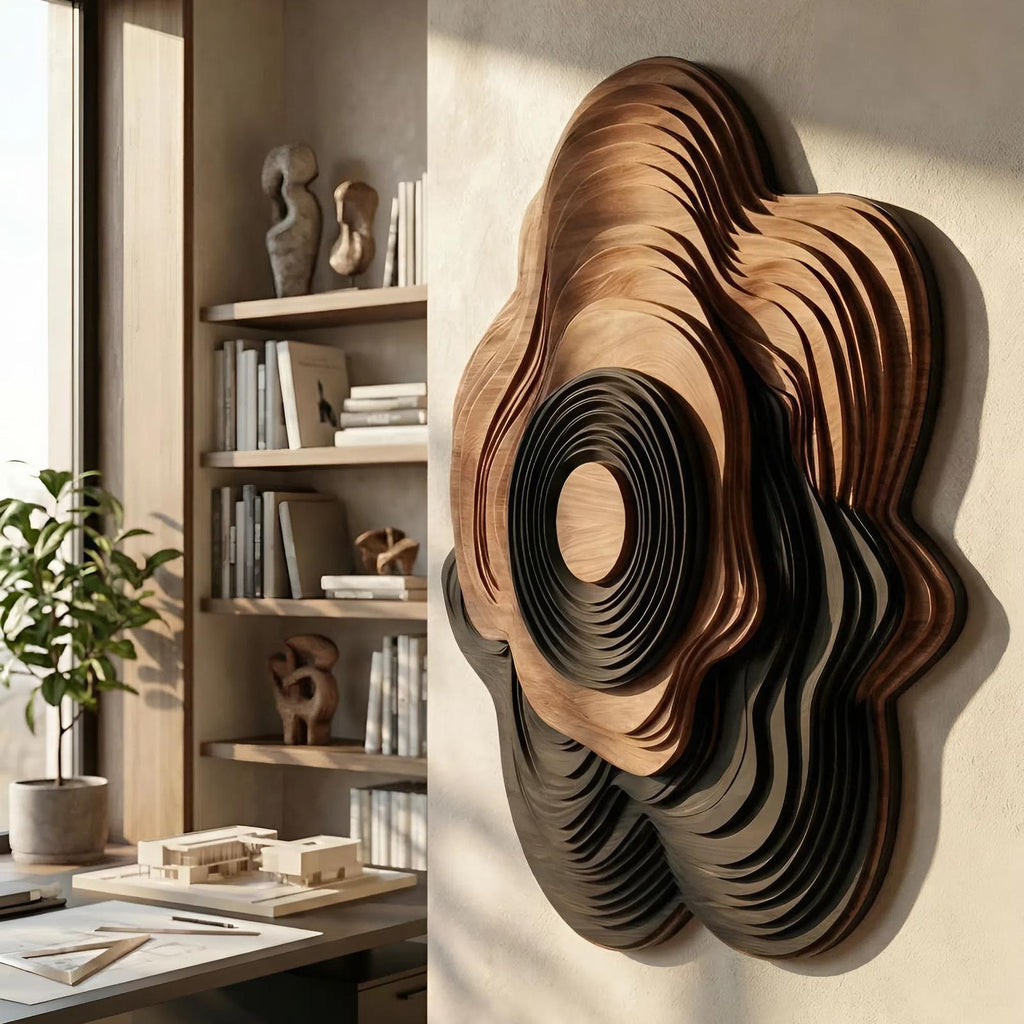 Mid Century Sculptural Wooden Wall Art Panel, Handcrafted Abstract Geometric Wood Sculpture for Living Room Wall Decor